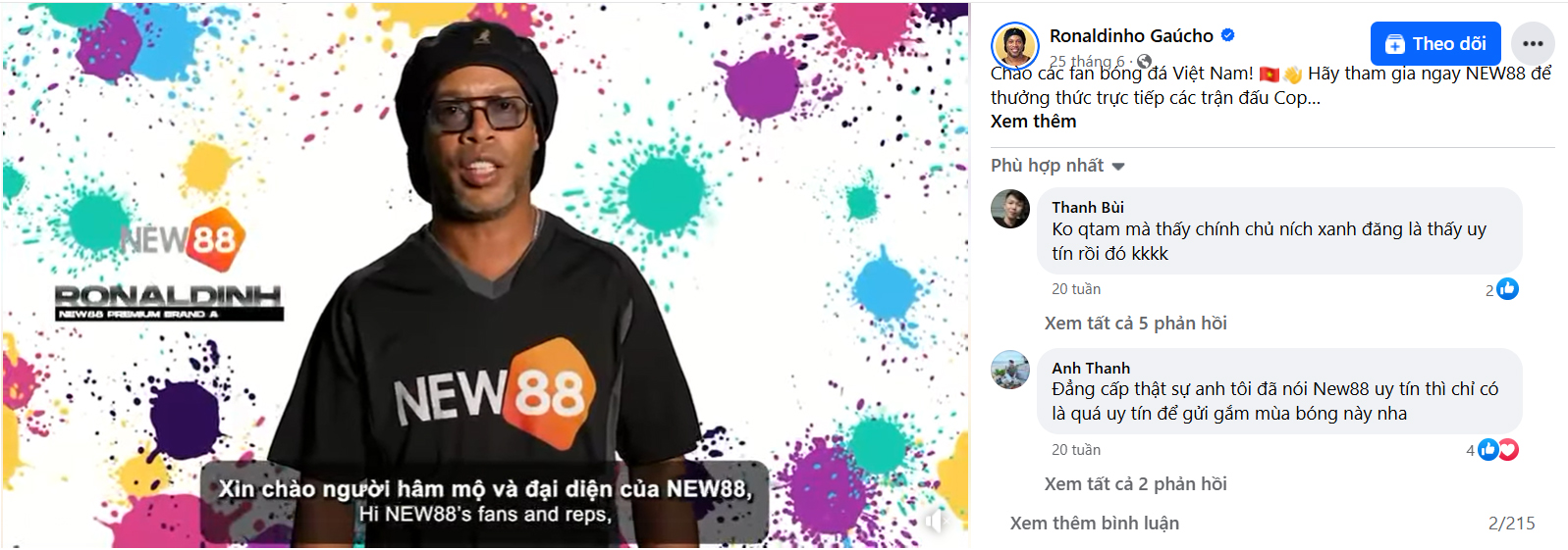 Ronaldinho Gaúcho - Đại sứ thương hiệu của NEW88